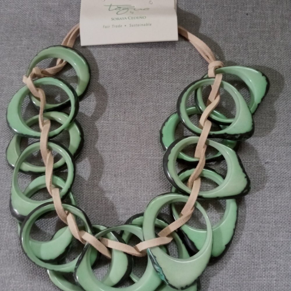 Pale green odd shaped necklace with tan leather